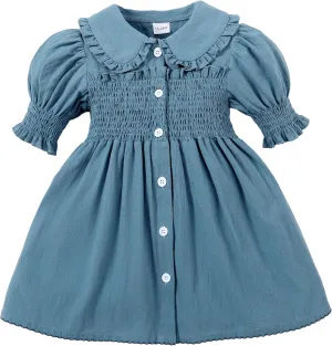 Baby Toddler Girls Dress Short Sleeve Vintage Peter Pan Collar Summer Casual Mini Cotton Linen Dresses