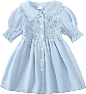 Baby Toddler Girls Dress Short Sleeve Vintage Peter Pan Collar Summer Casual Mini Cotton Linen Dresses
