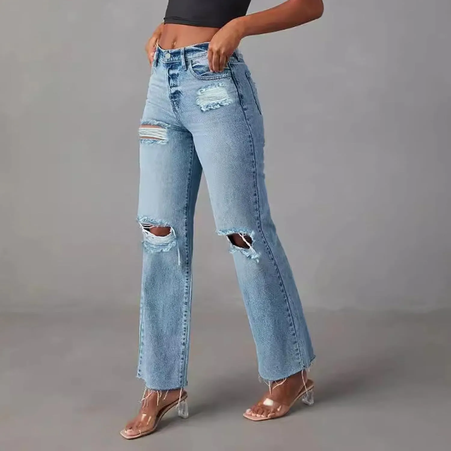 Barrel Jeans for Women Trendy High Waisted Stretch Ripped Jeans Casual Baggy Wide Leg Straight Leg Bootcut Denim Pant