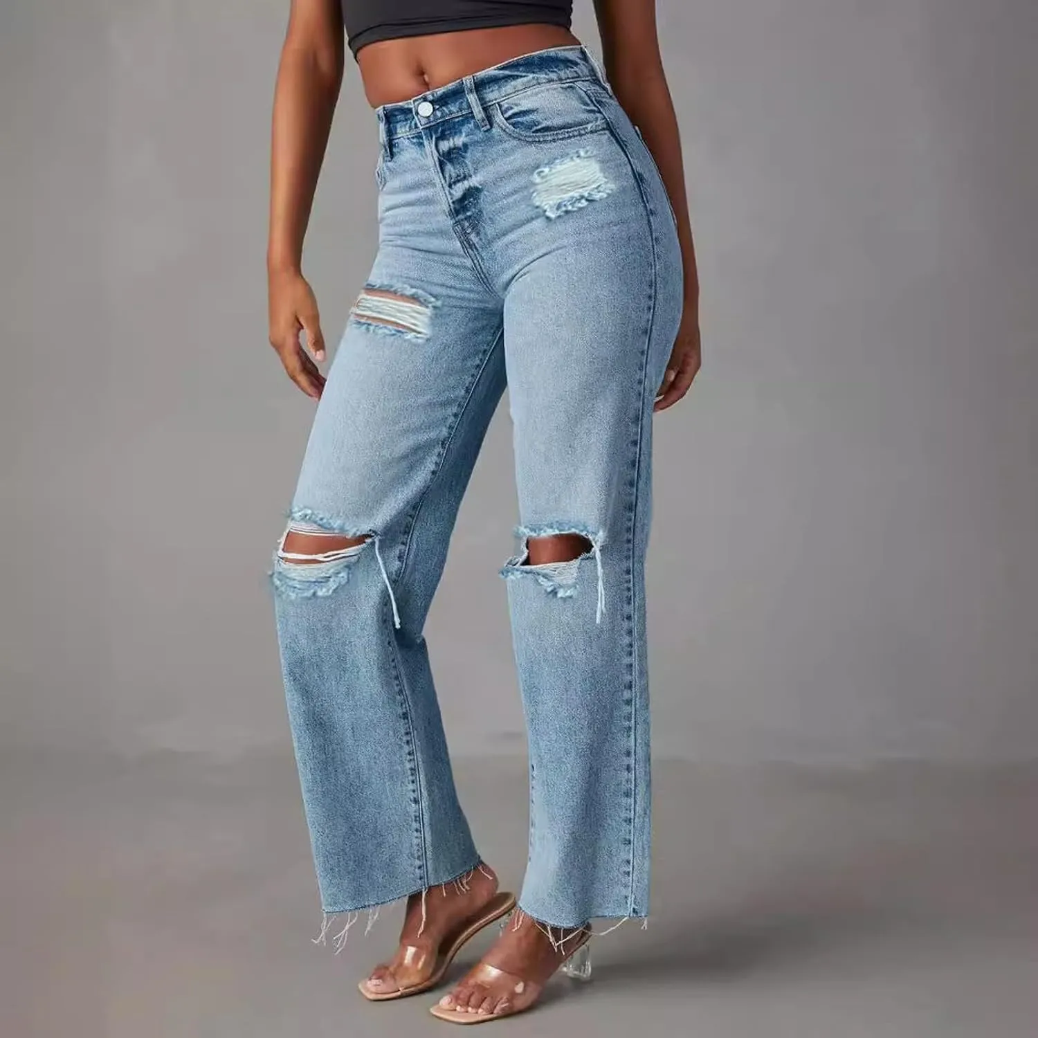 Barrel Jeans for Women Trendy High Waisted Stretch Ripped Jeans Casual Baggy Wide Leg Straight Leg Bootcut Denim Pant