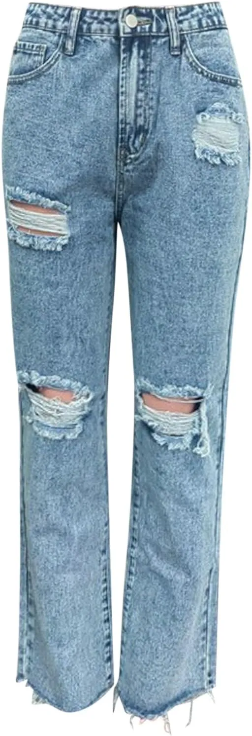 Barrel Jeans for Women Trendy High Waisted Stretch Ripped Jeans Casual Baggy Wide Leg Straight Leg Bootcut Denim Pant