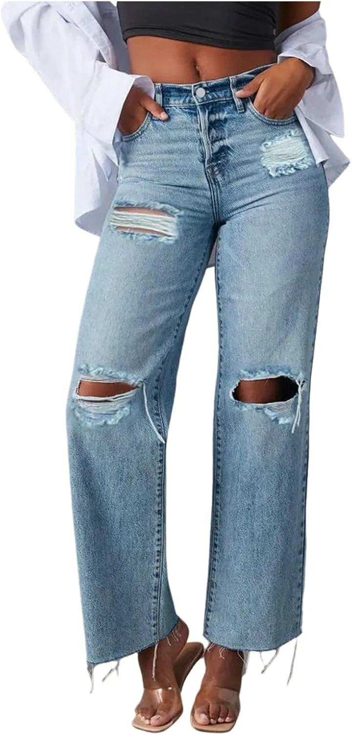 Barrel Jeans for Women Trendy High Waisted Stretch Ripped Jeans Casual Baggy Wide Leg Straight Leg Bootcut Denim Pant