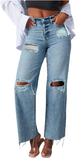 Barrel Jeans for Women Trendy High Waisted Stretch Ripped Jeans Casual Baggy Wide Leg Straight Leg Bootcut Denim Pant