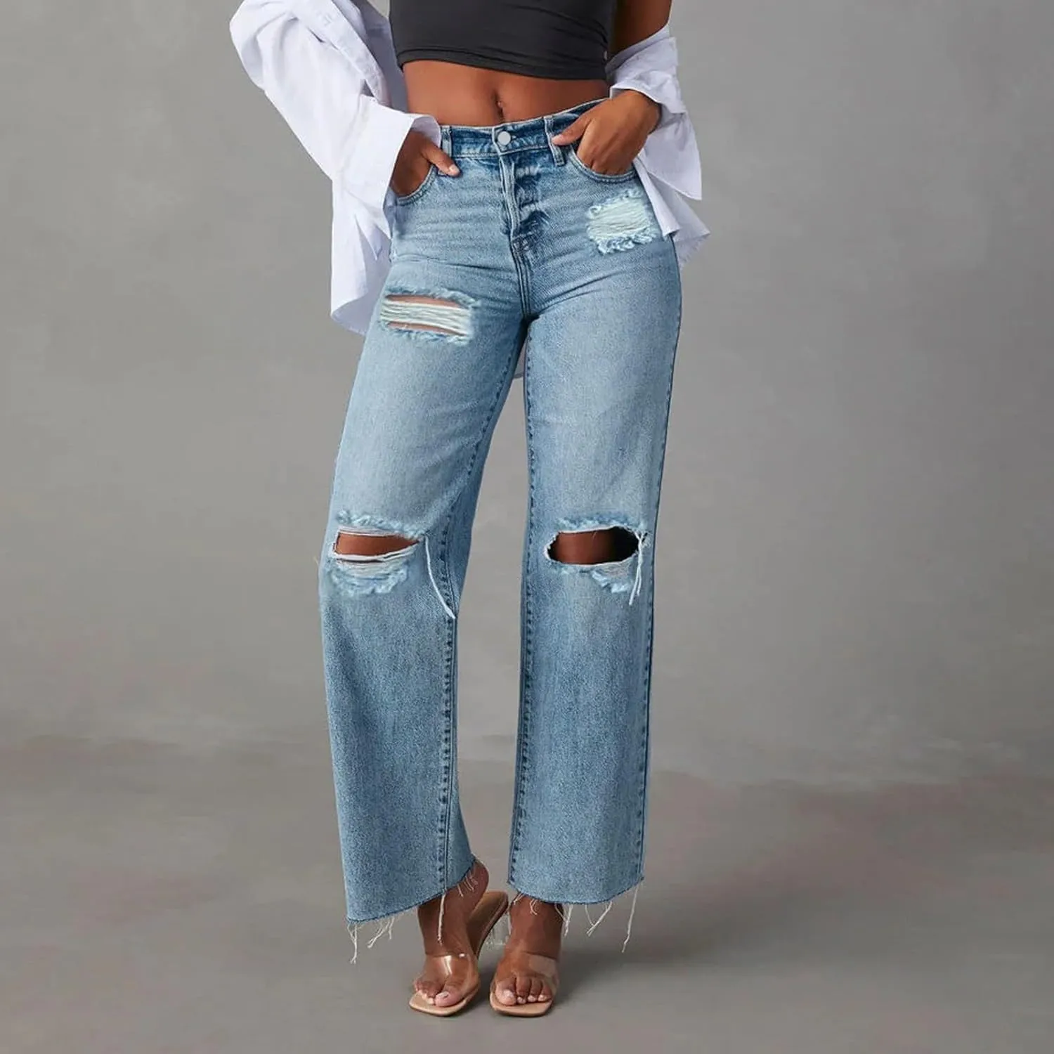 Barrel Jeans for Women Trendy High Waisted Stretch Ripped Jeans Casual Baggy Wide Leg Straight Leg Bootcut Denim Pant
