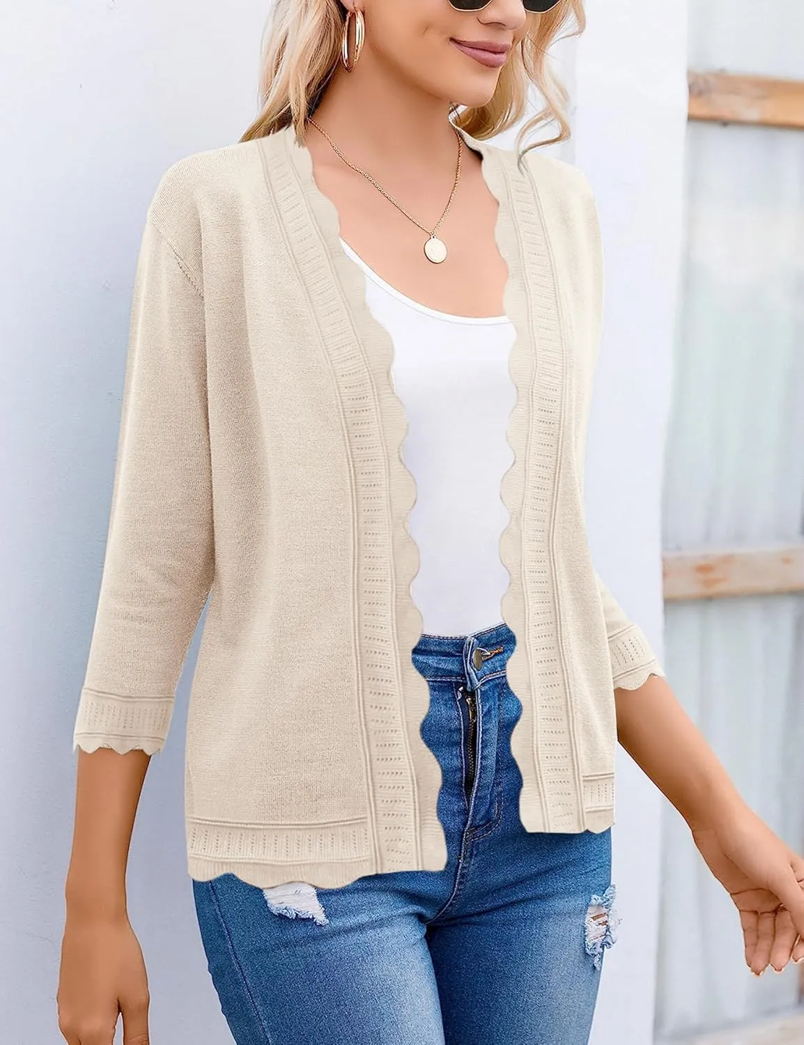 BeautyNee Women's 3/4 Sleeve Cropped Cardigan Sweater 2024 Spring Open Front Knit Shrug Light Weight Shirts