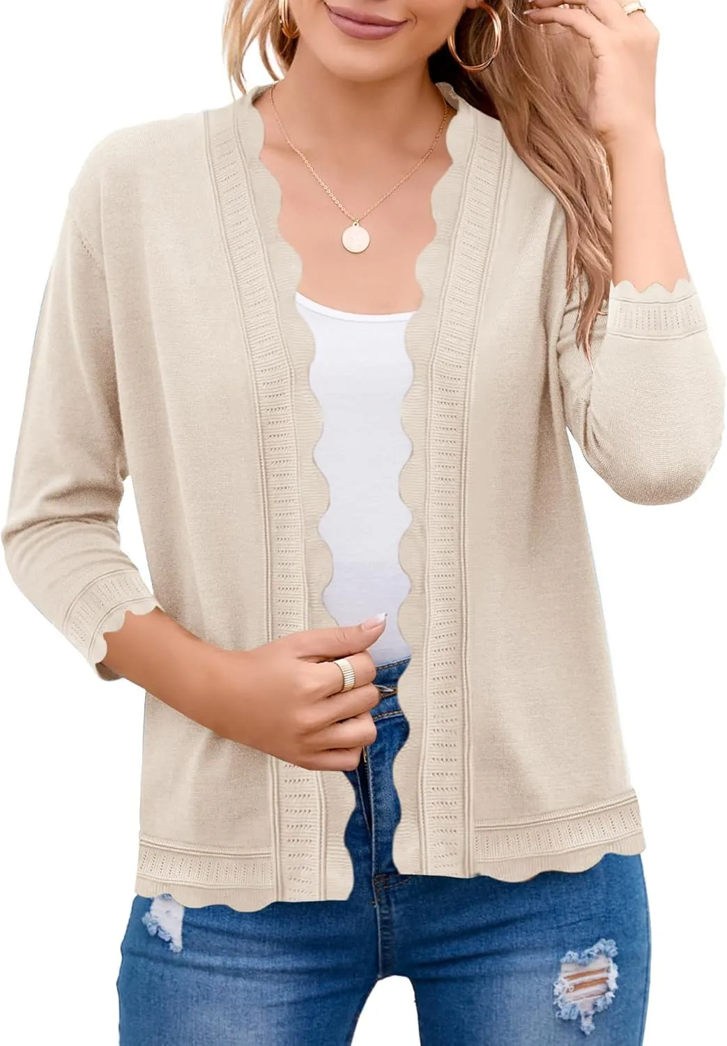 BeautyNee Women's 3/4 Sleeve Cropped Cardigan Sweater 2024 Spring Open Front Knit Shrug Light Weight Shirts
