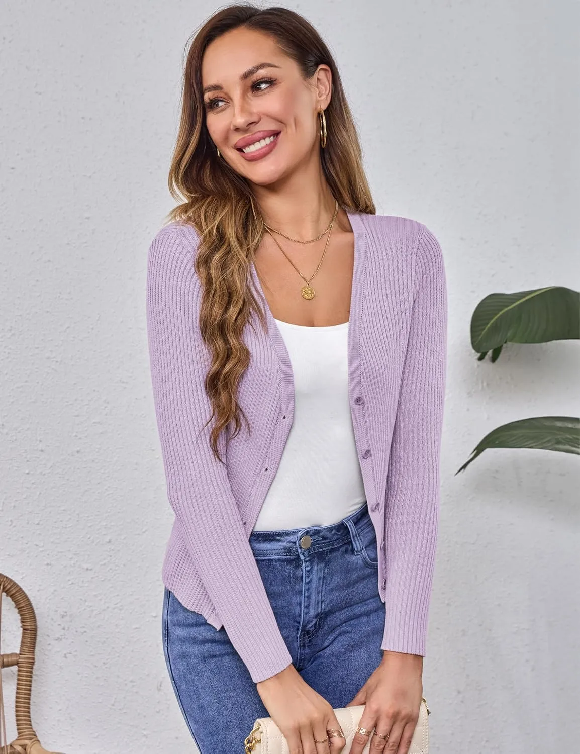 Beecarchil Women's Cardigan Sweaters Casual Button Open Front Long Sleeve V Neck Knit Lightweight Cardigans for Women