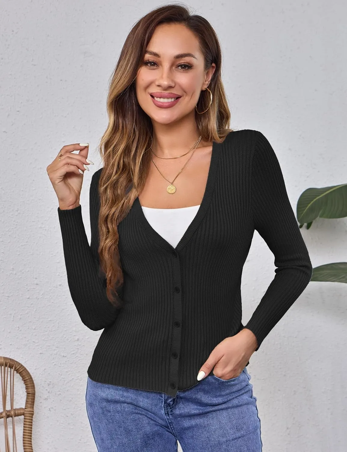Beecarchil Women's Cardigan Sweaters Casual Button Open Front Long Sleeve V Neck Knit Lightweight Cardigans for Women