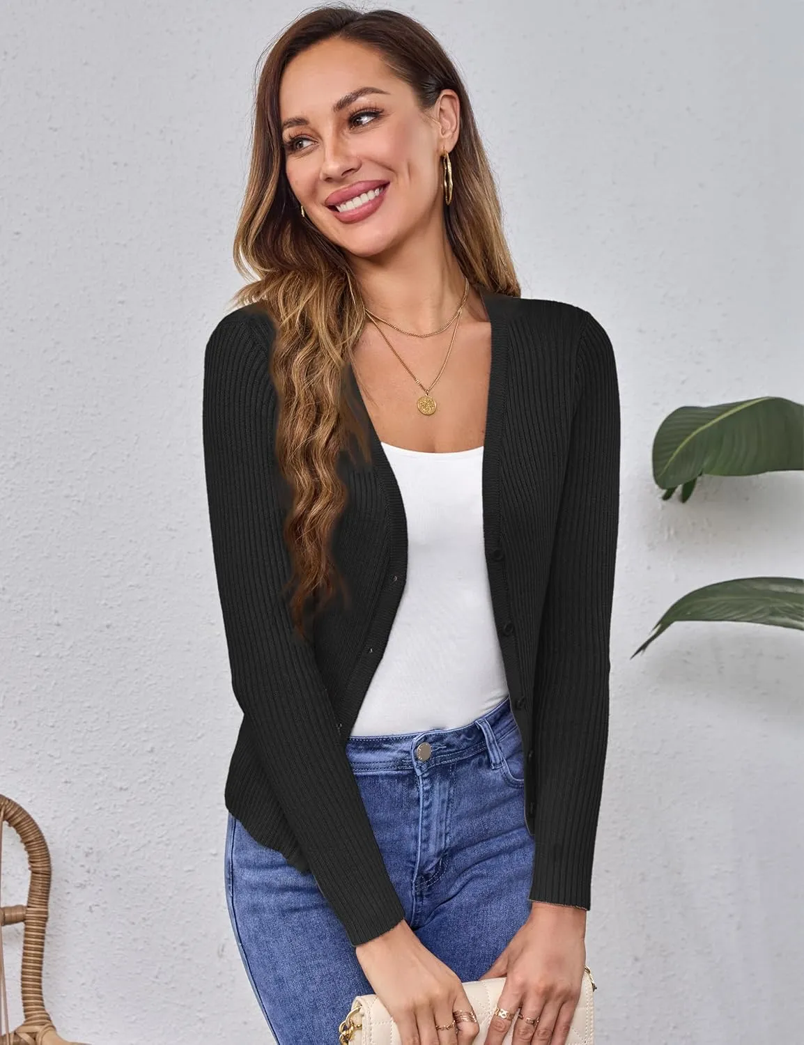 Beecarchil Women's Cardigan Sweaters Casual Button Open Front Long Sleeve V Neck Knit Lightweight Cardigans for Women