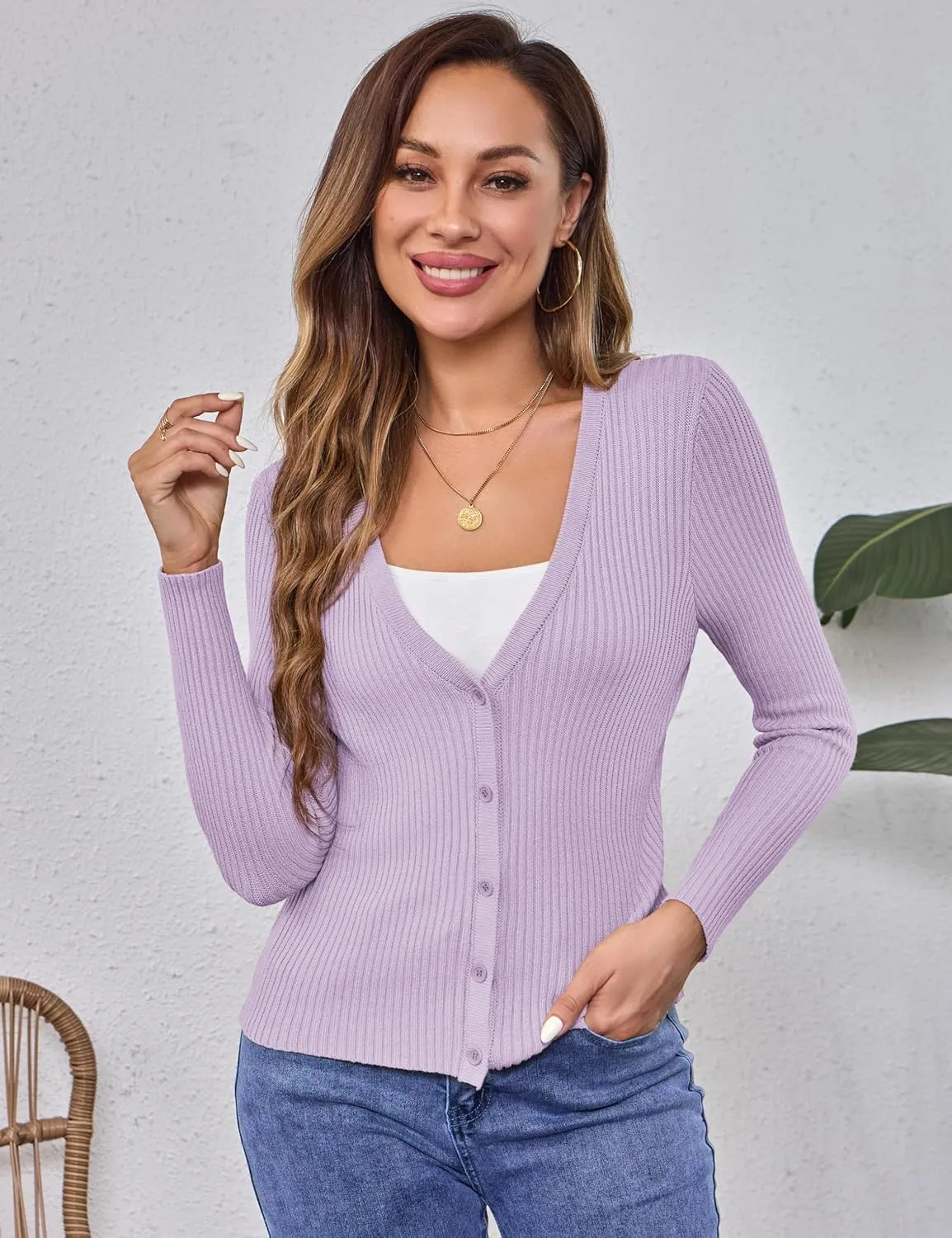 Beecarchil Women's Cardigan Sweaters Casual Button Open Front Long Sleeve V Neck Knit Lightweight Cardigans for Women