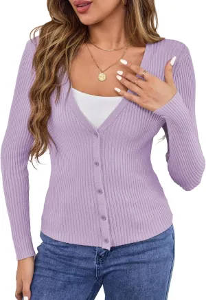Beecarchil Women's Cardigan Sweaters Casual Button Open Front Long Sleeve V Neck Knit Lightweight Cardigans for Women