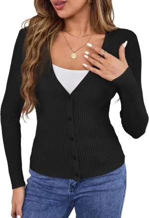 Beecarchil Women's Cardigan Sweaters Casual Button Open Front Long Sleeve V Neck Knit Lightweight Cardigans for Women