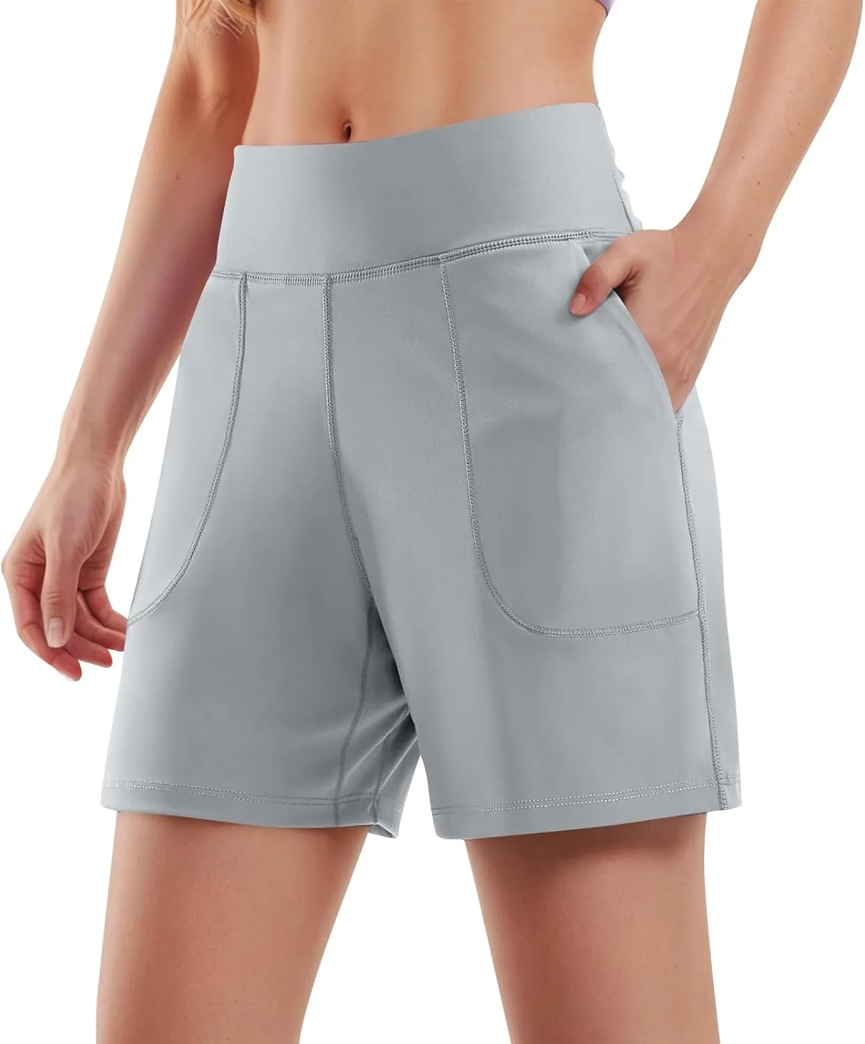 Bermuda Shorts for Women 6'' Wide Leg Athletic Long Shorts with Pockets Summer Knee Length Gym Workout Yoga Short