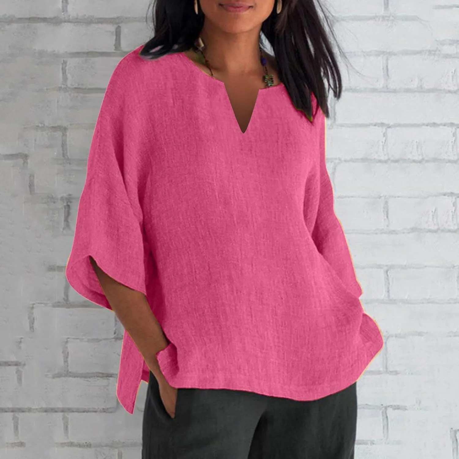 Binmer Plus Size Summer Linen Tops for Women 2024 Trendy Short Sleeve T-Shirts Loose Solid V Neck Tee Side Split Blouse S-5XL
