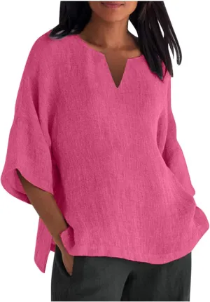 Binmer Plus Size Summer Linen Tops for Women 2024 Trendy Short Sleeve T-Shirts Loose Solid V Neck Tee Side Split Blouse S-5XL