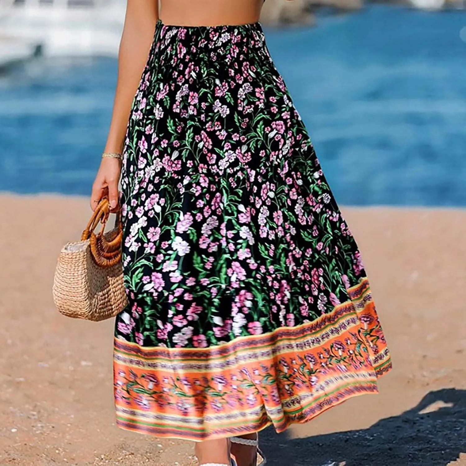 Boho Floral Print Swing Maxi Skirt for Women Summer Elastic High Waist Pleated Ruffle Flowy Long Beach Vacation Skirts