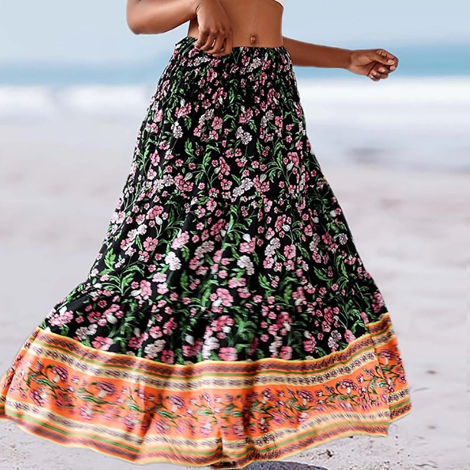Boho Floral Print Swing Maxi Skirt for Women Summer Elastic High Waist Pleated Ruffle Flowy Long Beach Vacation Skirts
