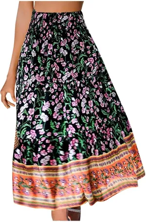 Boho Floral Print Swing Maxi Skirt for Women Summer Elastic High Waist Pleated Ruffle Flowy Long Beach Vacation Skirts