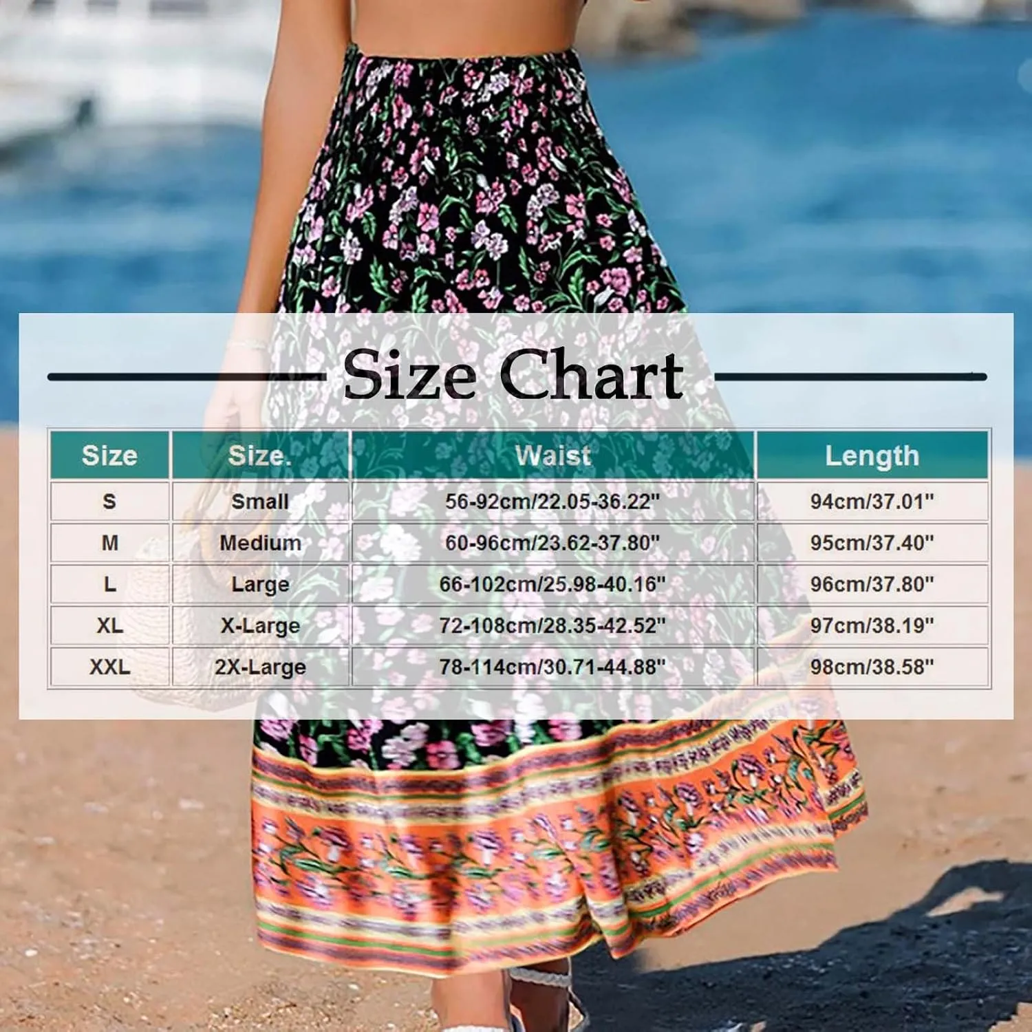 Boho Floral Print Swing Maxi Skirt for Women Summer Elastic High Waist Pleated Ruffle Flowy Long Beach Vacation Skirts