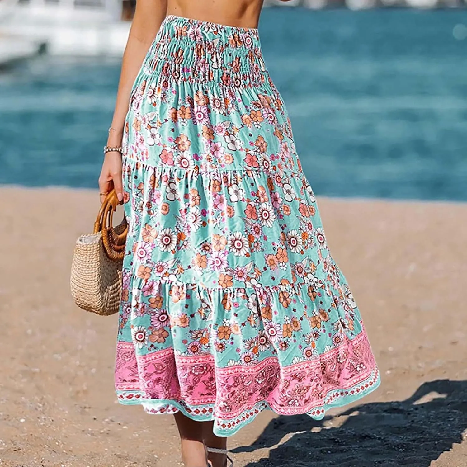 Boho Floral Print Swing Maxi Skirt for Women Summer Elastic High Waist Pleated Ruffle Flowy Long Beach Vacation Skirts
