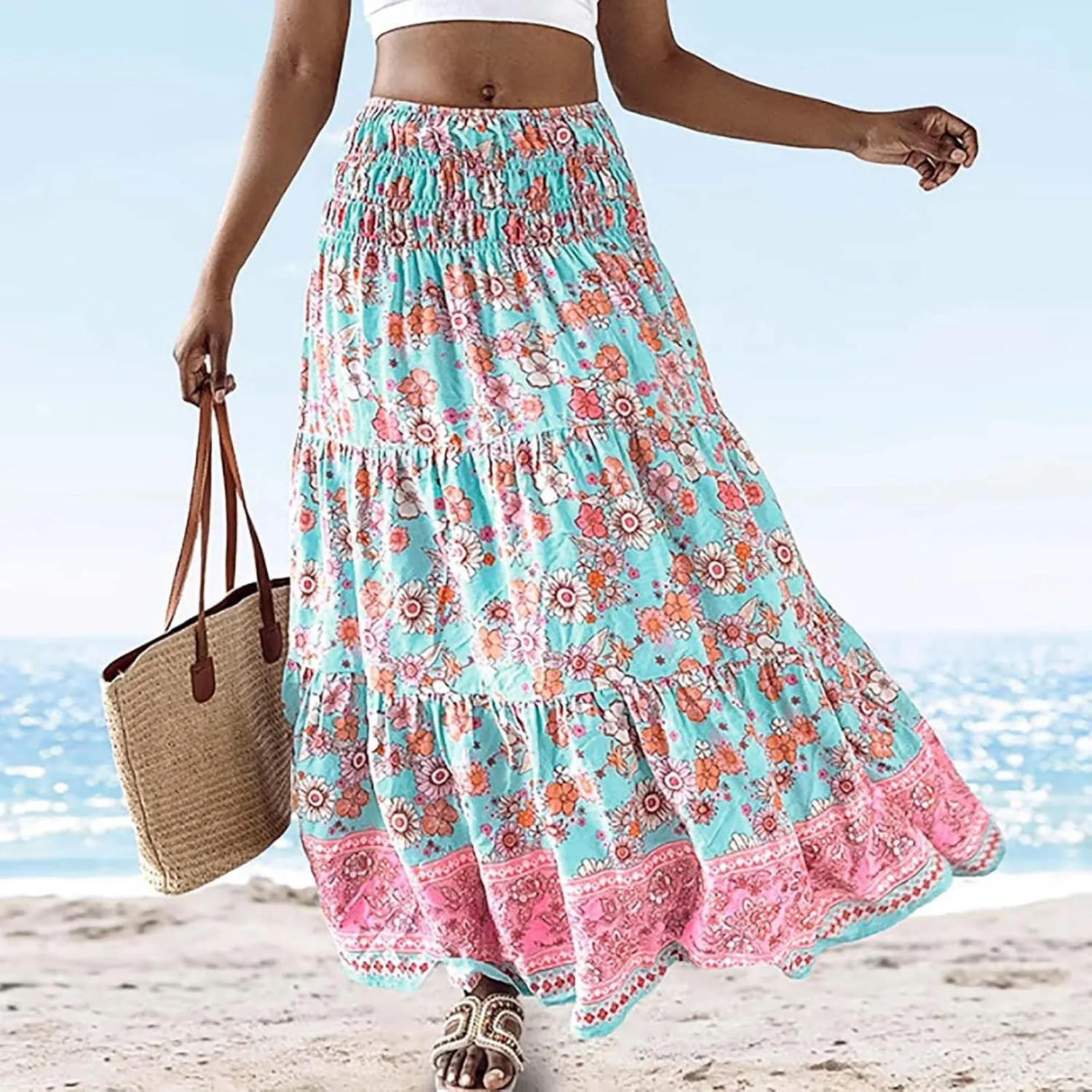 Boho Floral Print Swing Maxi Skirt for Women Summer Elastic High Waist Pleated Ruffle Flowy Long Beach Vacation Skirts
