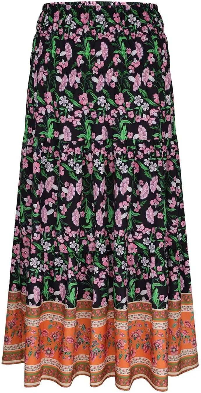 Boho Floral Print Swing Maxi Skirt for Women Summer Elastic High Waist Pleated Ruffle Flowy Long Beach Vacation Skirts