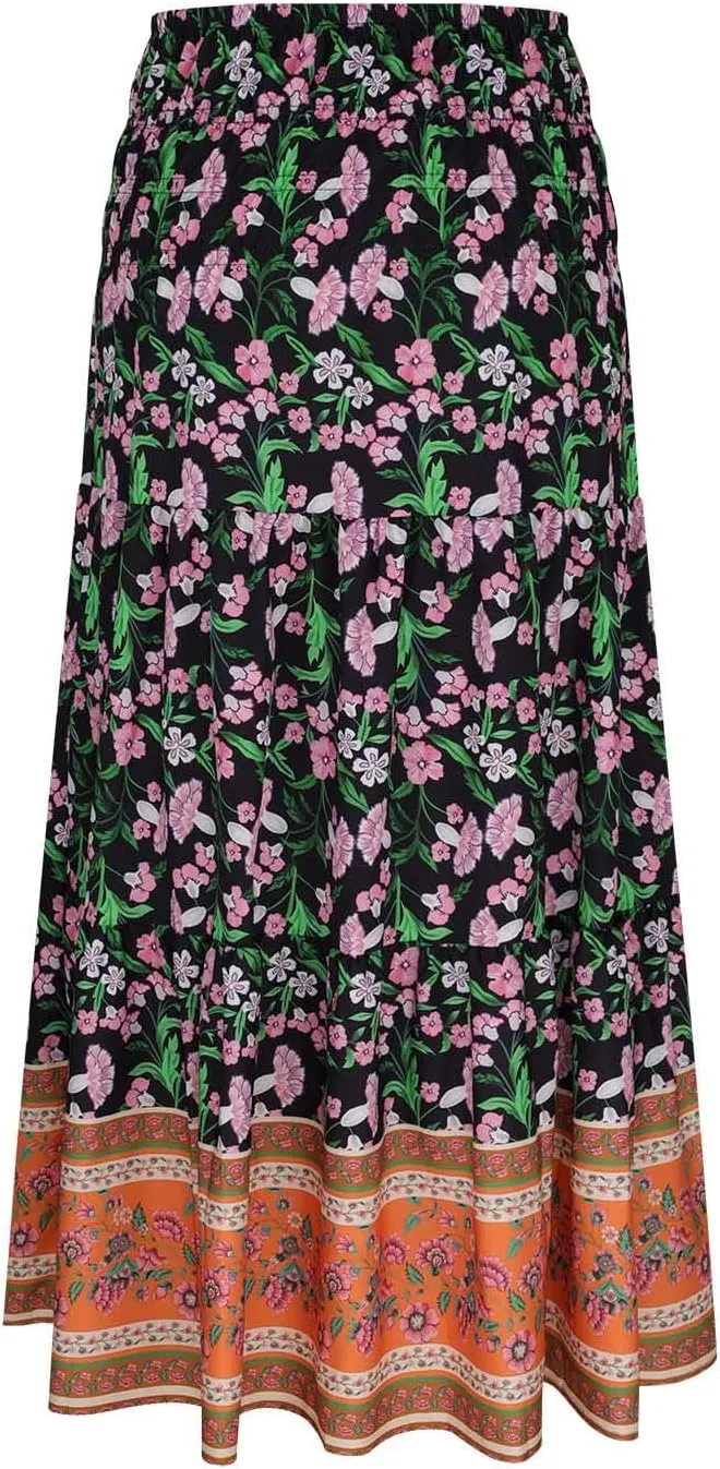 Boho Floral Print Swing Maxi Skirt for Women Summer Elastic High Waist Pleated Ruffle Flowy Long Beach Vacation Skirts