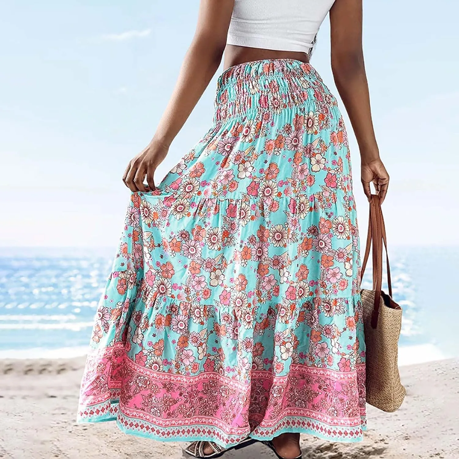 Boho Floral Print Swing Maxi Skirt for Women Summer Elastic High Waist Pleated Ruffle Flowy Long Beach Vacation Skirts