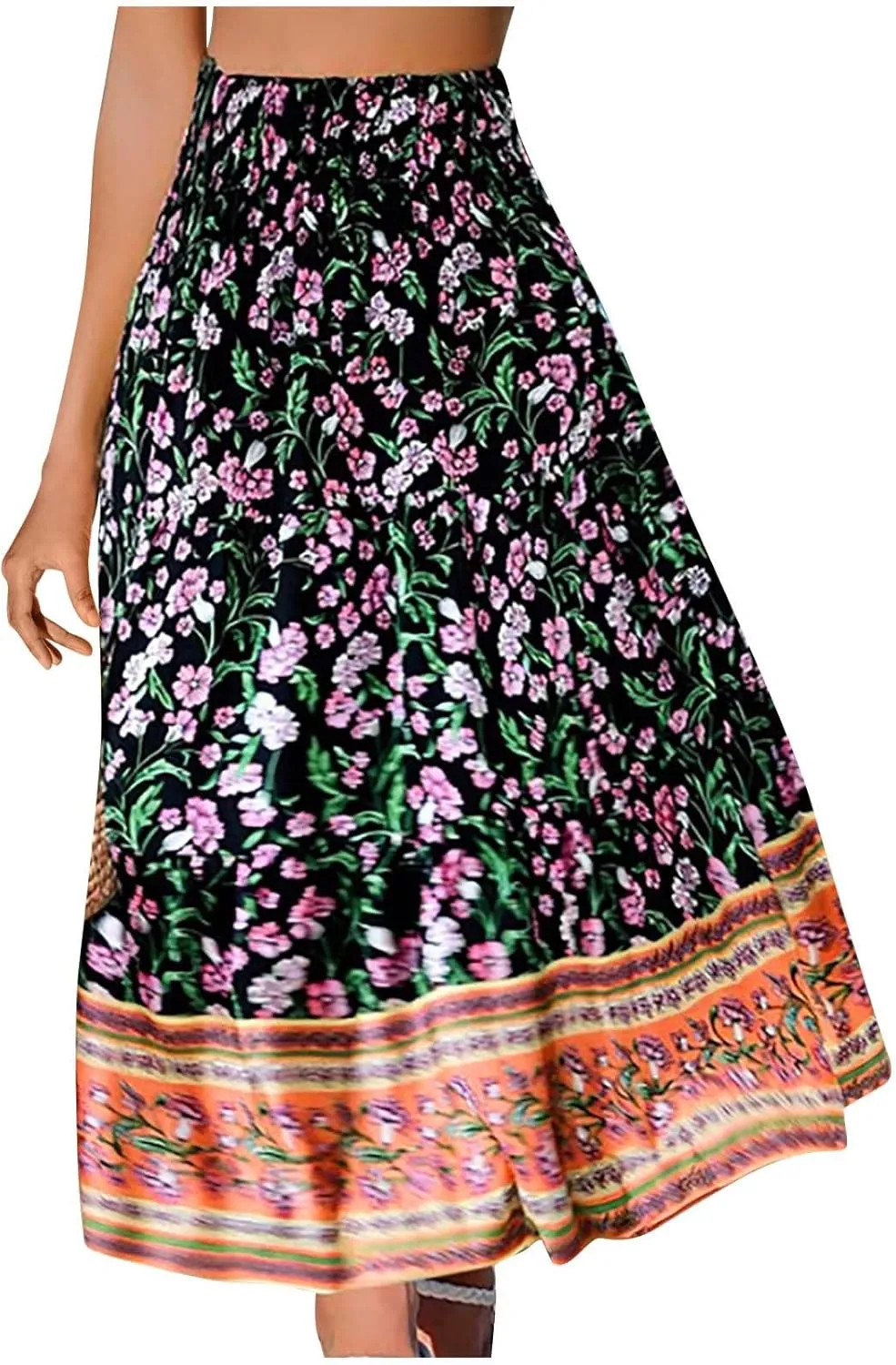 Boho Floral Print Swing Maxi Skirt for Women Summer Elastic High Waist Pleated Ruffle Flowy Long Beach Vacation Skirts
