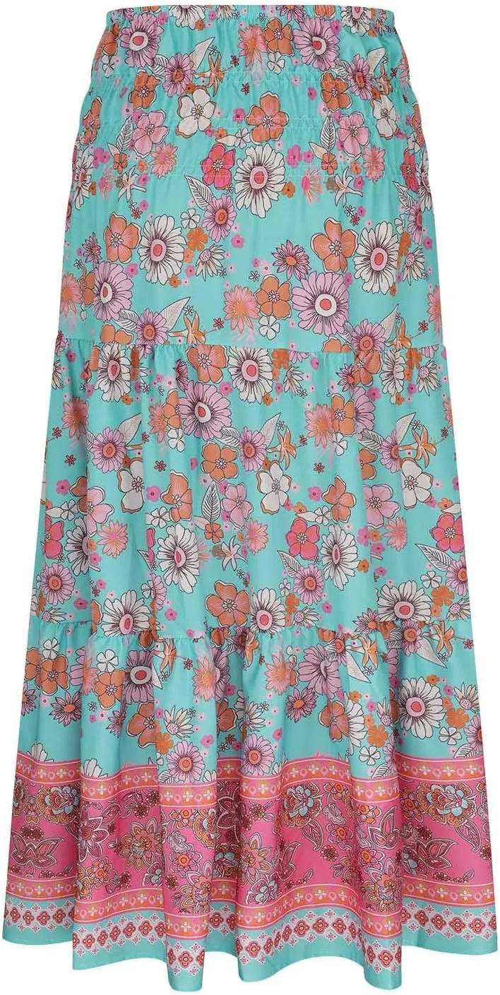 Boho Floral Print Swing Maxi Skirt for Women Summer Elastic High Waist Pleated Ruffle Flowy Long Beach Vacation Skirts
