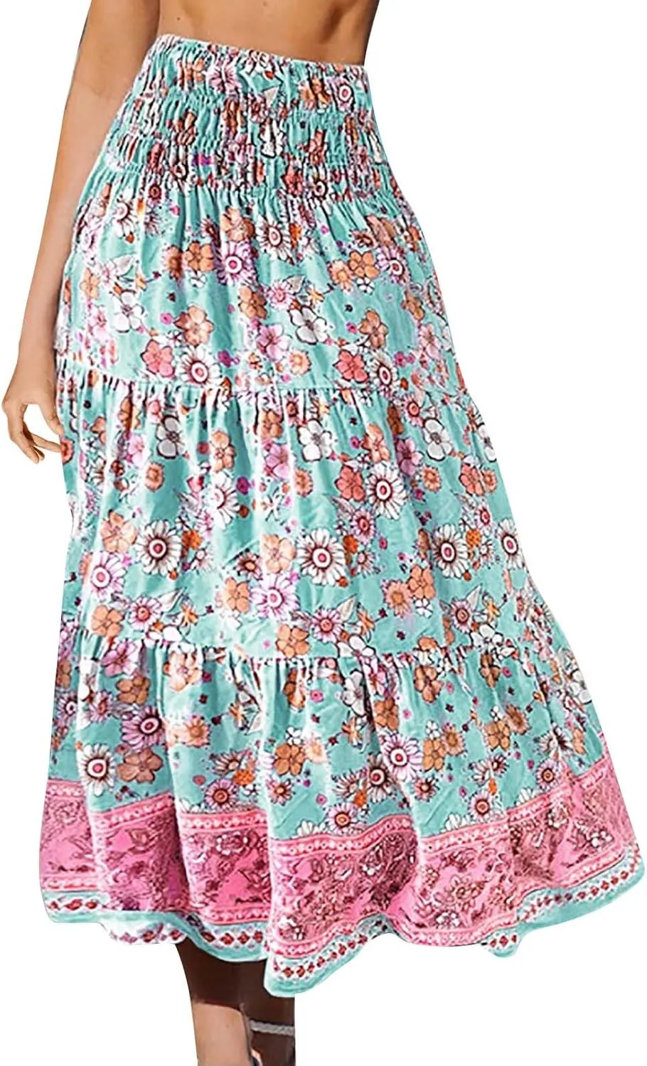 Boho Floral Print Swing Maxi Skirt for Women Summer Elastic High Waist Pleated Ruffle Flowy Long Beach Vacation Skirts