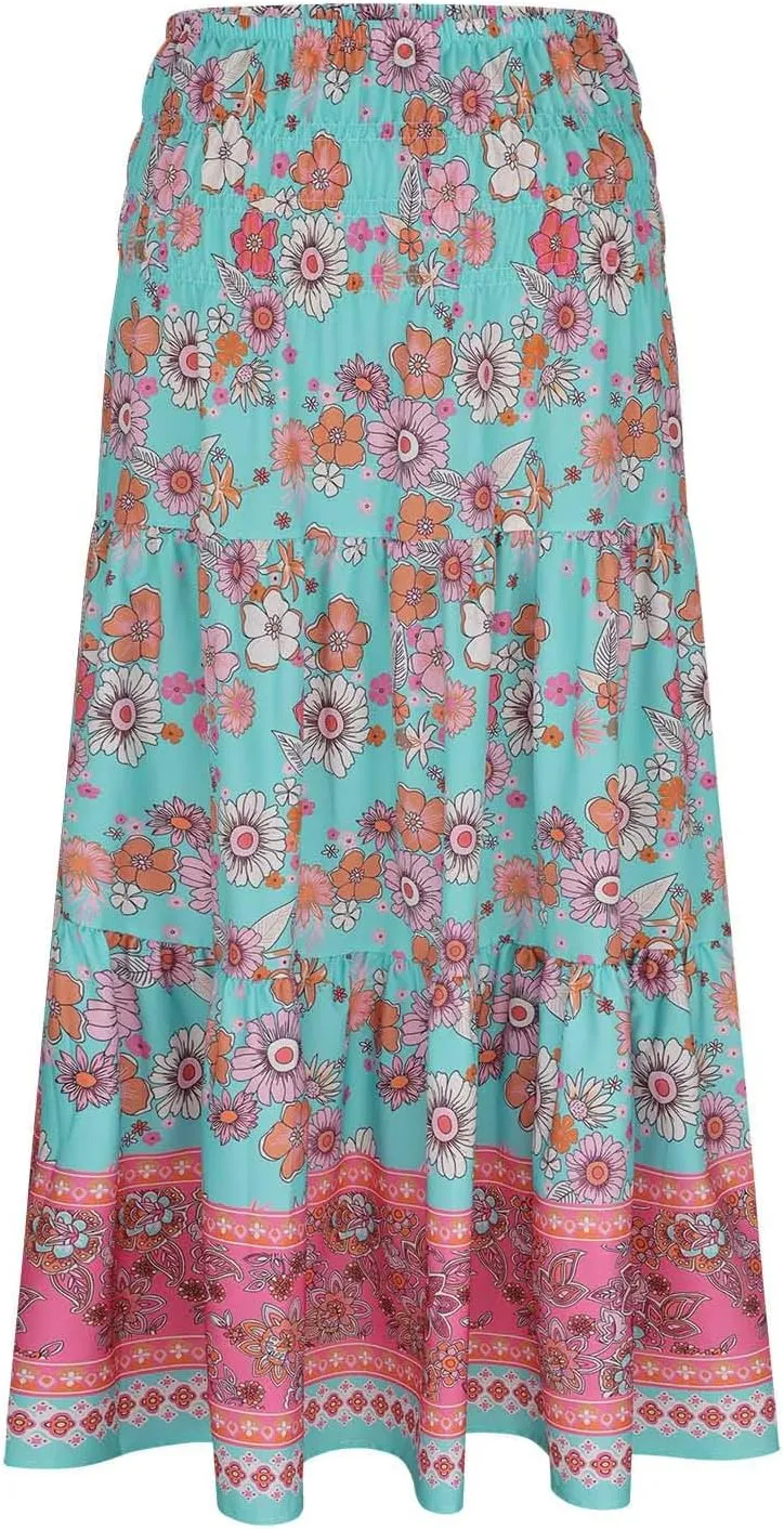 Boho Floral Print Swing Maxi Skirt for Women Summer Elastic High Waist Pleated Ruffle Flowy Long Beach Vacation Skirts