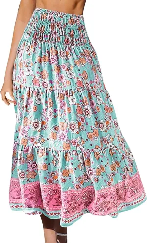 Boho Floral Print Swing Maxi Skirt for Women Summer Elastic High Waist Pleated Ruffle Flowy Long Beach Vacation Skirts