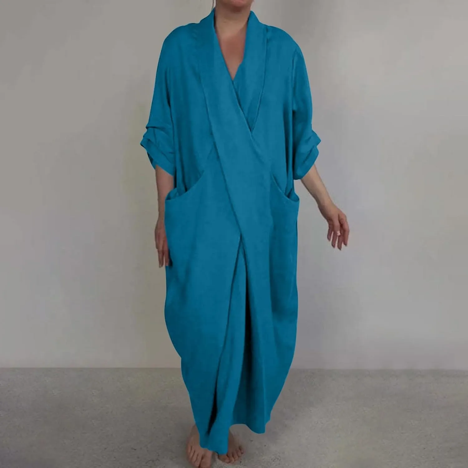 Boho Maxi Dress with Pockets Cozy Cotton Linen V Neck Slit Skirt Casual Loose Dress for Women Rose