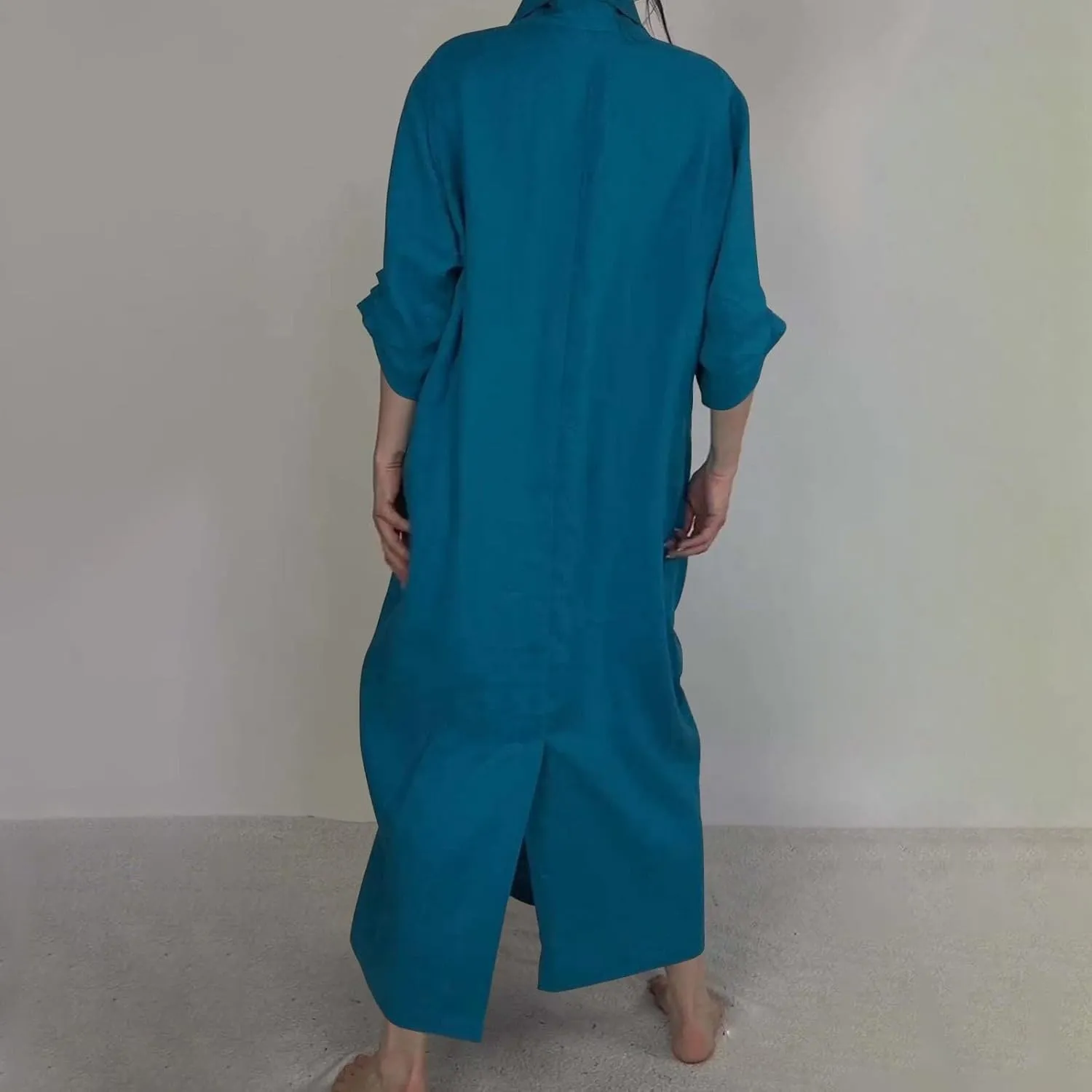 Boho Maxi Dress with Pockets Cozy Cotton Linen V Neck Slit Skirt Casual Loose Dress for Women Rose