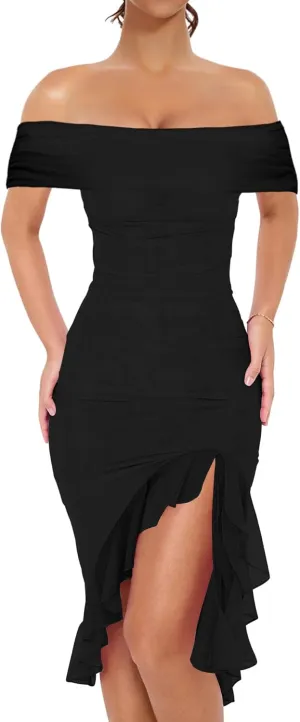 BORIFLORS Women's Sexy Off The Shoulder Bodycon Midi Dresses Elegant Ruched Ruffle Hem Cocktail Party Dress