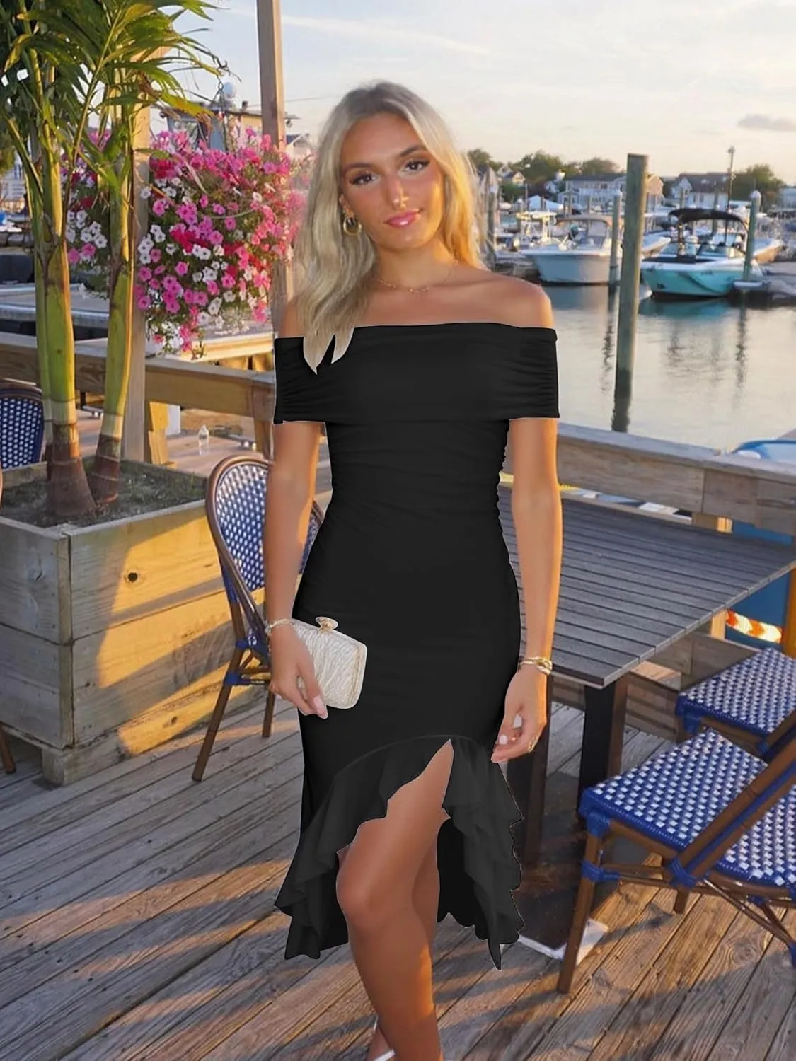 BORIFLORS Women's Sexy Off The Shoulder Bodycon Midi Dresses Elegant Ruched Ruffle Hem Cocktail Party Dress