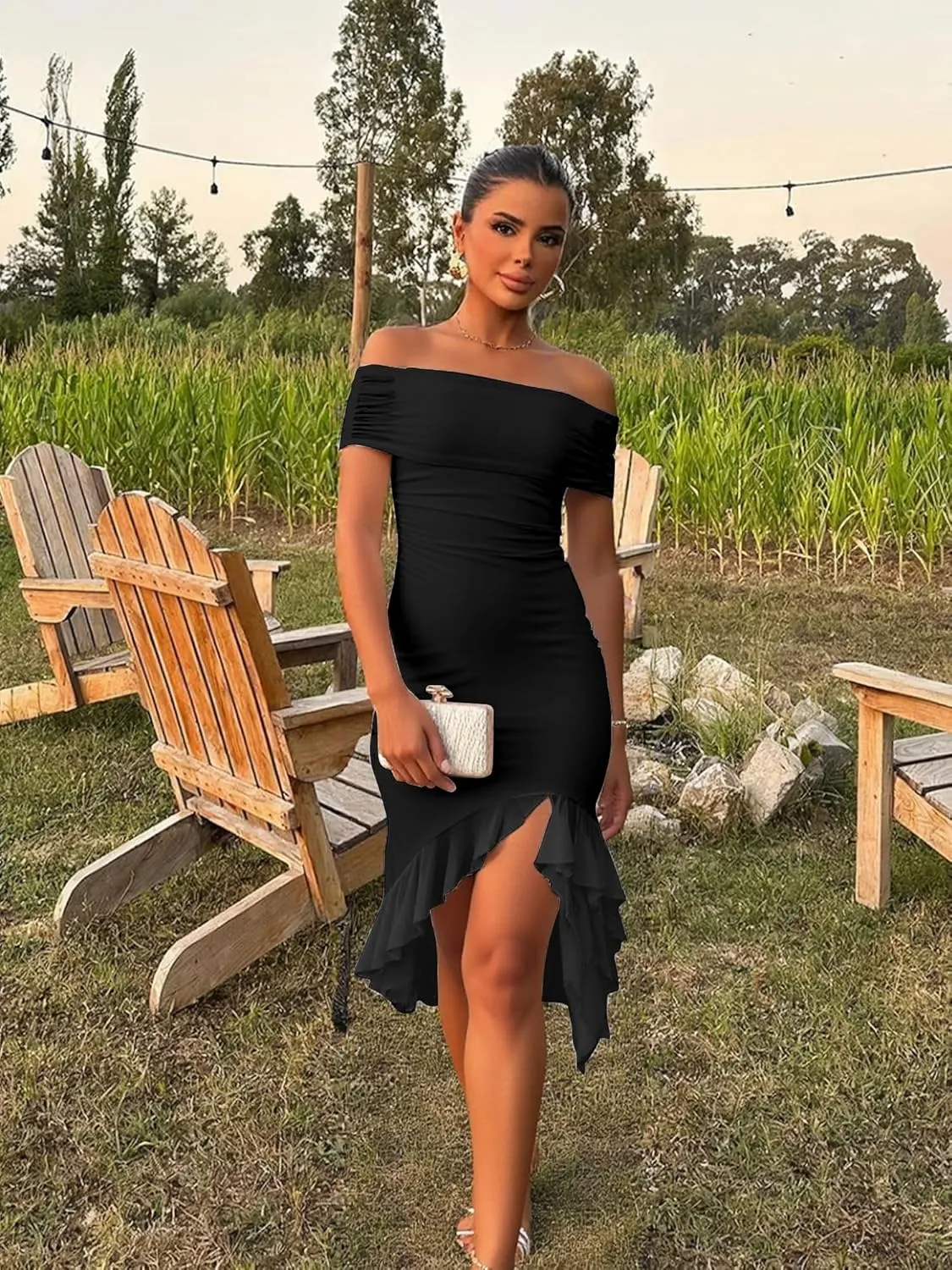 BORIFLORS Women's Sexy Off The Shoulder Bodycon Midi Dresses Elegant Ruched Ruffle Hem Cocktail Party Dress