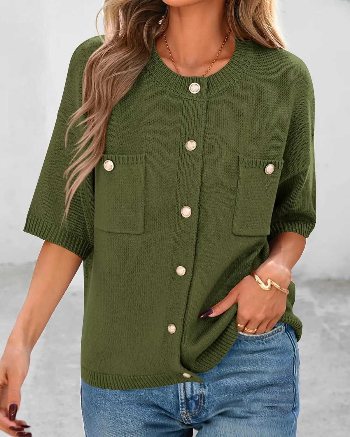 BTFBM Short Sleeve Cardigans for Women Button Up Sweaters Y2k Spring Summer 2025 Crew Neck Business Casual Work Clothes