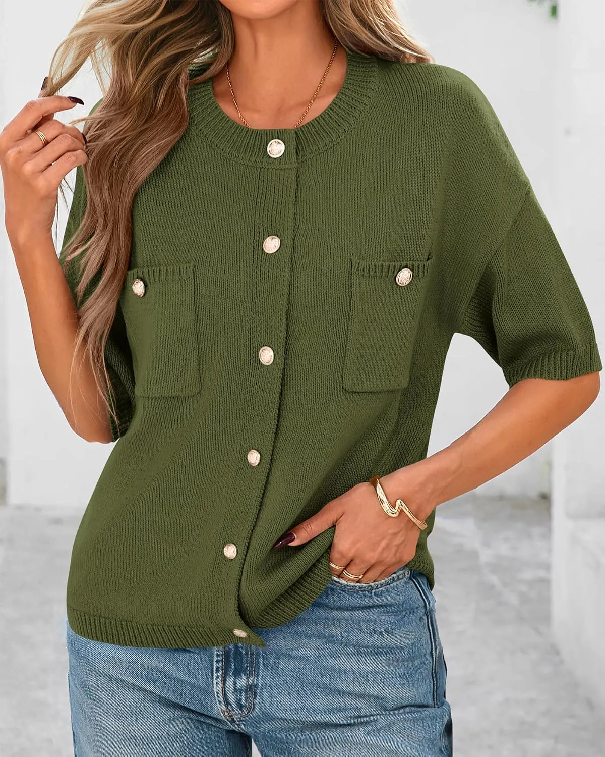BTFBM Short Sleeve Cardigans for Women Button Up Sweaters Y2k Spring Summer 2025 Crew Neck Business Casual Work Clothes