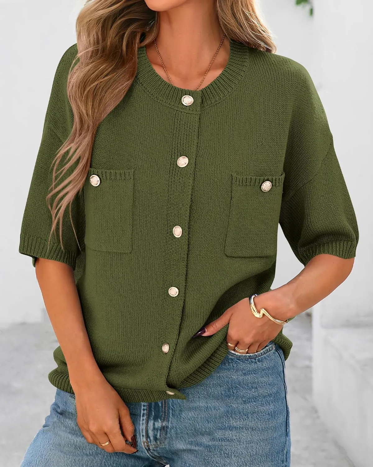 BTFBM Short Sleeve Cardigans for Women Button Up Sweaters Y2k Spring Summer 2025 Crew Neck Business Casual Work Clothes
