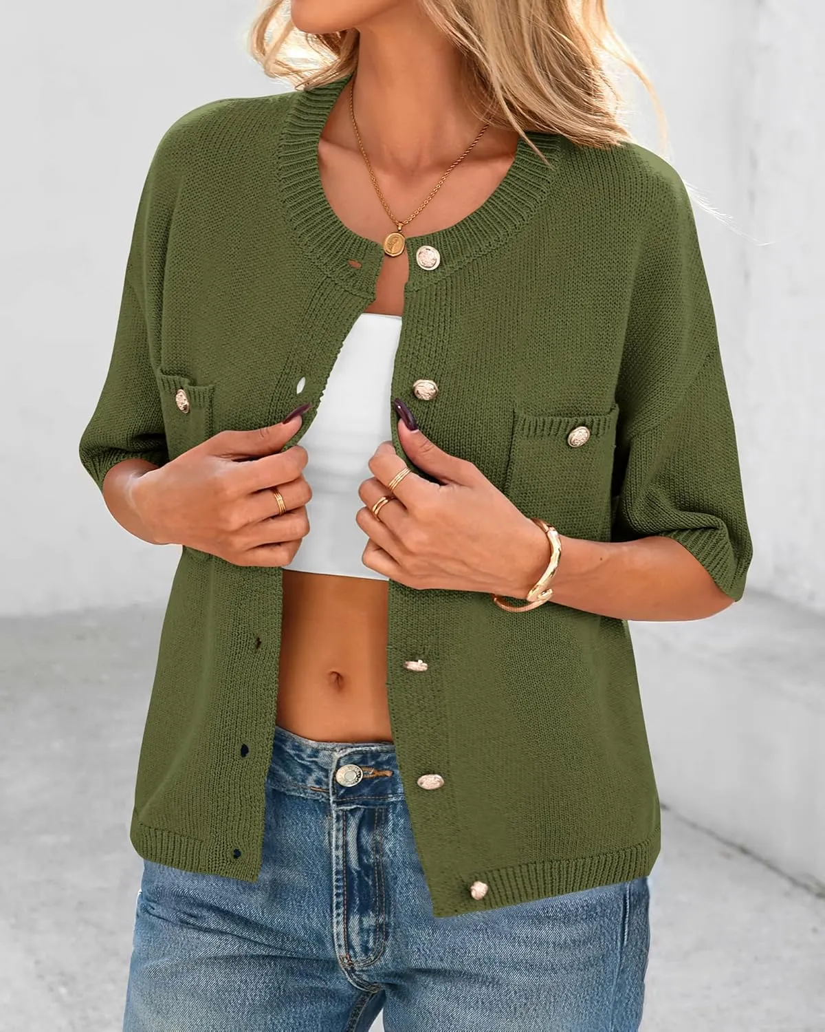 BTFBM Short Sleeve Cardigans for Women Button Up Sweaters Y2k Spring Summer 2025 Crew Neck Business Casual Work Clothes