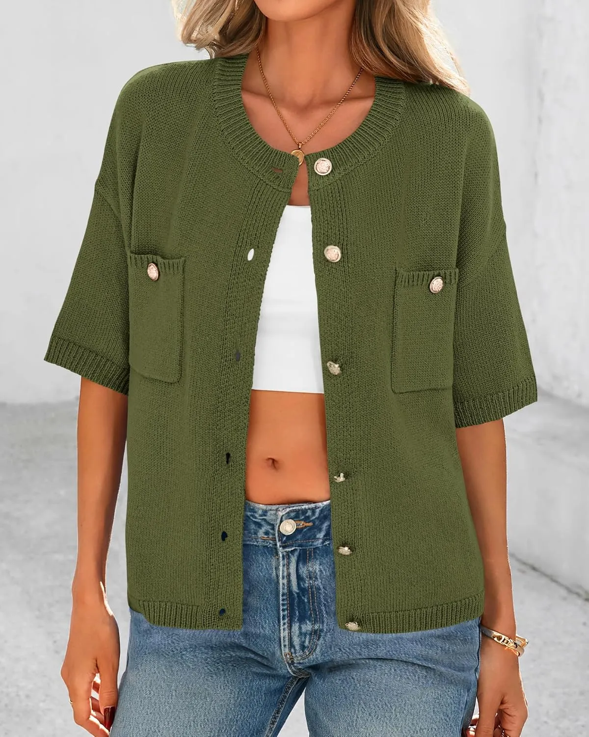 BTFBM Short Sleeve Cardigans for Women Button Up Sweaters Y2k Spring Summer 2025 Crew Neck Business Casual Work Clothes