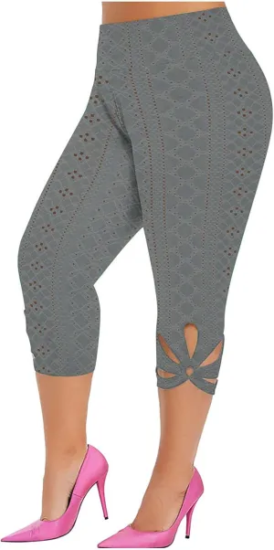 Capri Leggings for Women Plus Size Yoga Capris Tummy Control High Waist Pants Eyelet Workout Vacation Pants