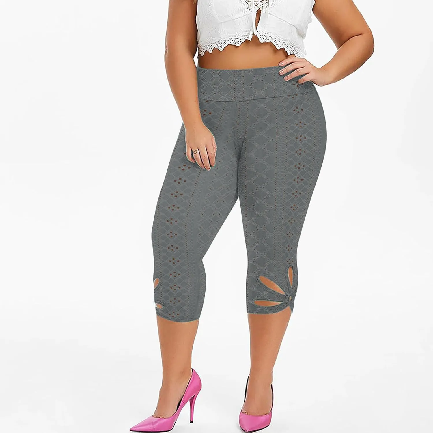 Capri Leggings for Women Plus Size Yoga Capris Tummy Control High Waist Pants Eyelet Workout Vacation Pants