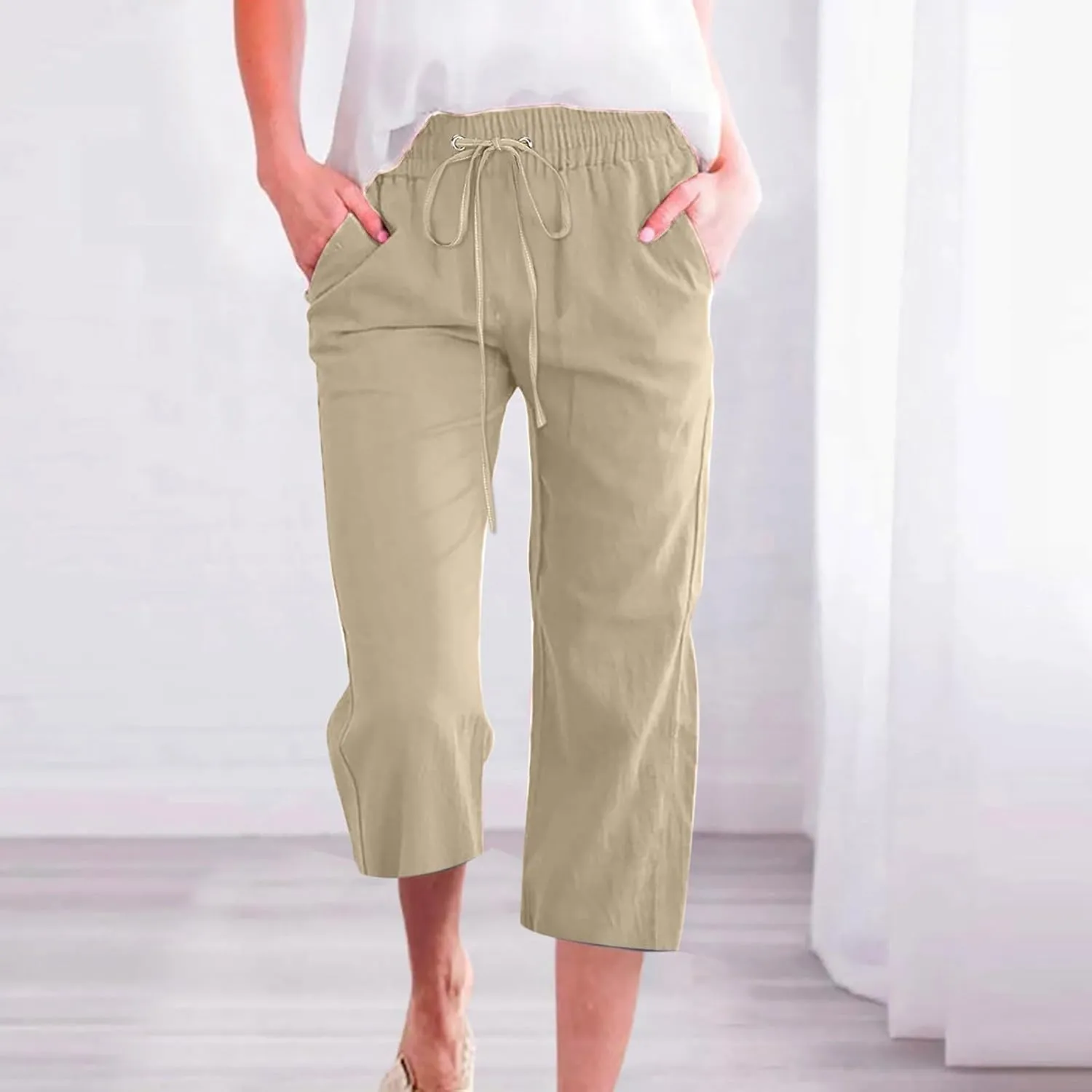 Capri Pants for Women Casual 2025 Summer Drawstring Elastic High Waist Linen Pant Straight Wide Leg Cropped Trouser