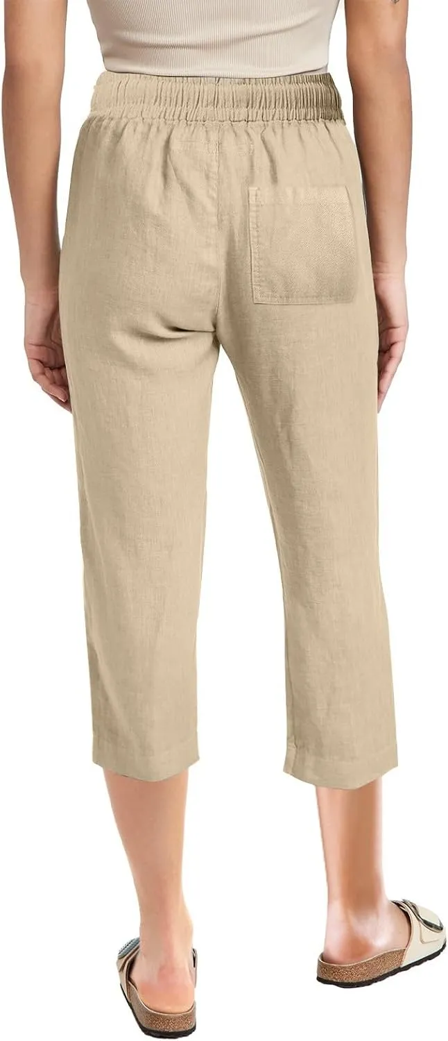 Capri Pants for Women Casual 2025 Summer Drawstring Elastic High Waist Linen Pant Straight Wide Leg Cropped Trouser