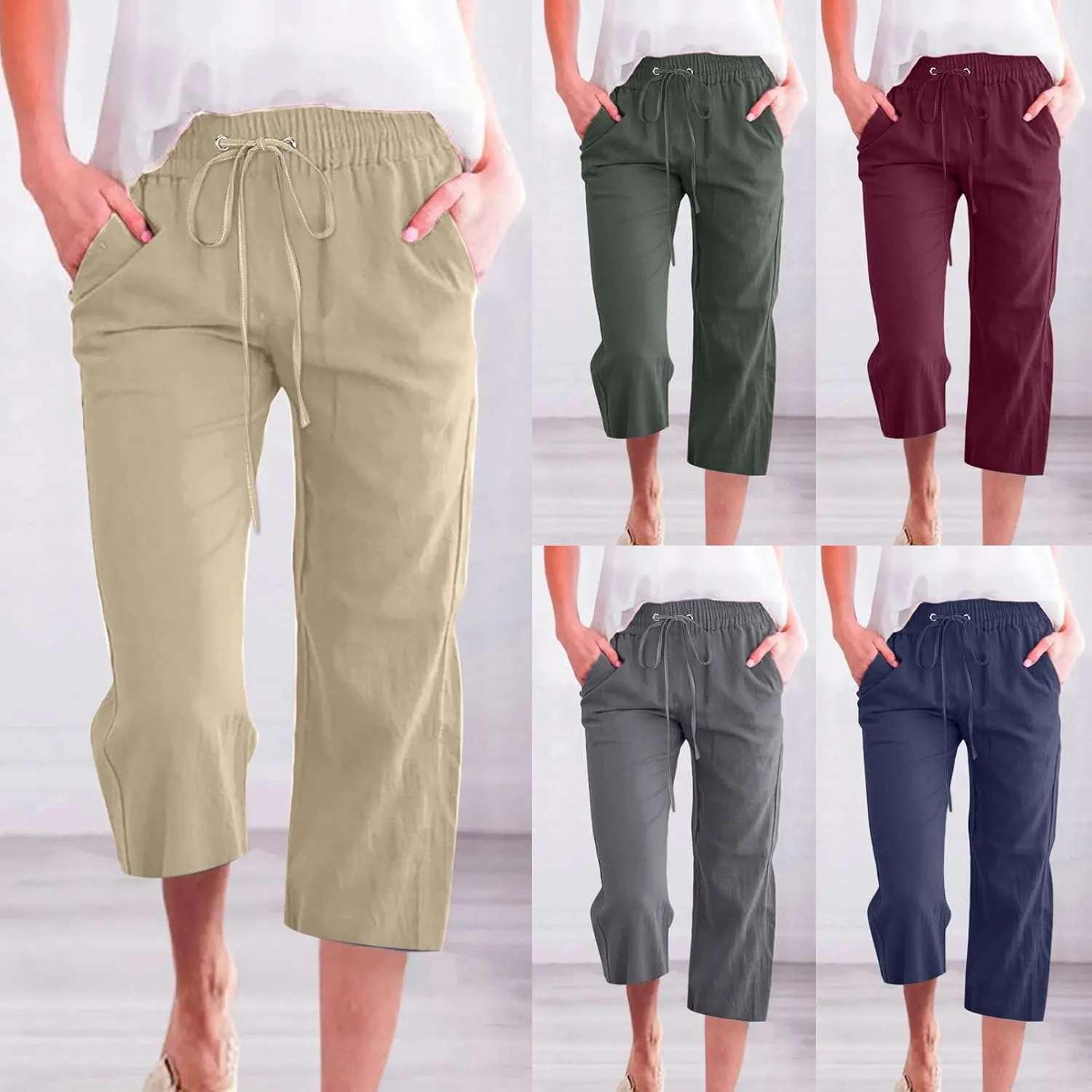 Capri Pants for Women Casual Summer Cropped Pants Cotton Linen Capris Straight Wide Leg Pants Trousers with Pockets