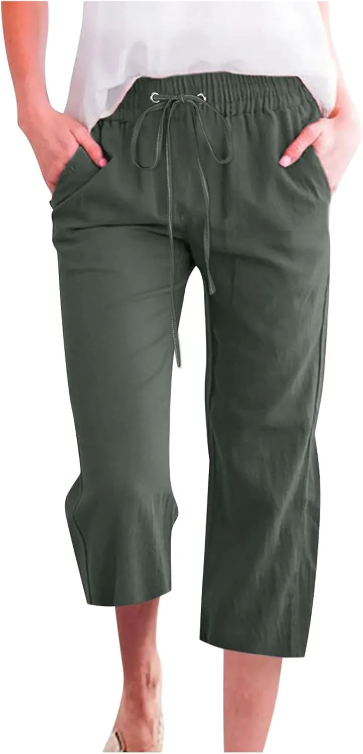 Capri Pants for Women Casual Summer Cropped Pants Cotton Linen Capris Straight Wide Leg Pants Trousers with Pockets