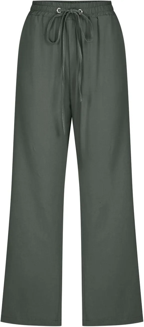Capri Pants for Women Casual Summer Cropped Pants Cotton Linen Capris Straight Wide Leg Pants Trousers with Pockets